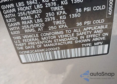 2021 Volkswagen Atlas Cross Sport 3.6L V6 Se W/Technology R-Line z USA, uszkodzony, nr VIN 1V2NE2CA5MC200043